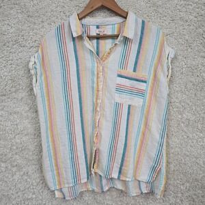 Per Se Linen Blend Stripe Button Front Shirt‎ Womens XL Cap Sleeve Coastal Beach